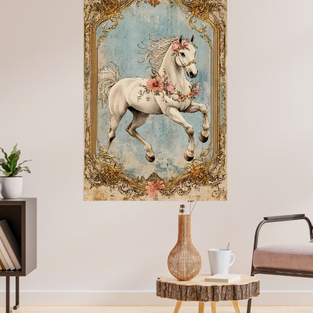 Affiche Un cheval blanc orné d'une guirlande de fleurs, (Salon 3)