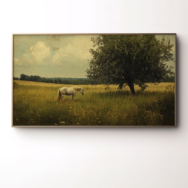Affiche Un cheval blanc paissant dans un champ (Créateur téléchargé)
