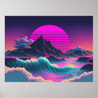 Affiche Un coucher de soleil à vagues surplombant l'océan