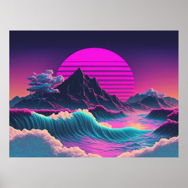 Affiche Un coucher de soleil à vagues surplombant l'océan (Devant)