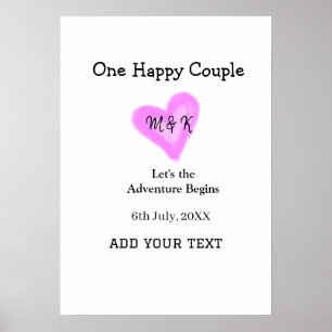 AFFICHE UN COUPLE HEUREUX CŒUR ROSE MARIAGE NOM DATE