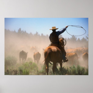 Affiche Un cowboy travaillant le troupeau dans un élevage