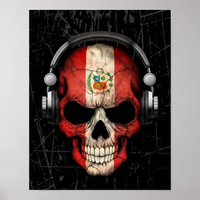 Affiche Un crâne Dj péruvien griffé avec casque (Devant)