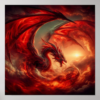 Affiche Un dragon rouge à l'I.A. dans les nuages