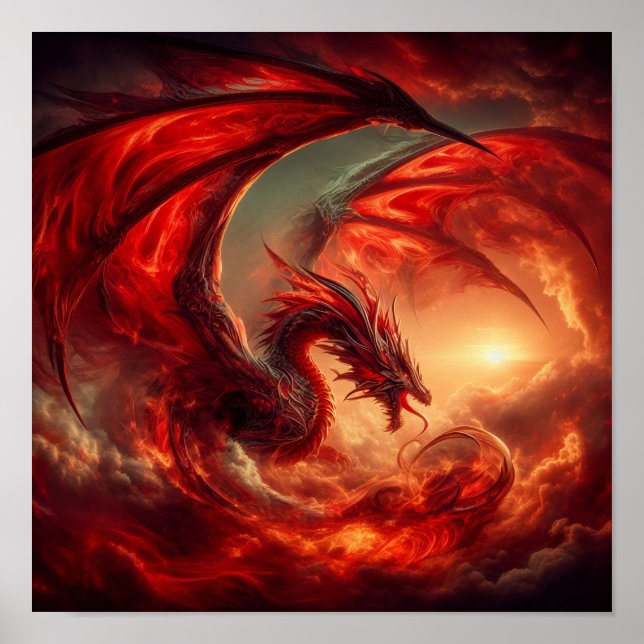Affiche Un dragon rouge à l'I.A. dans les nuages (Devant)