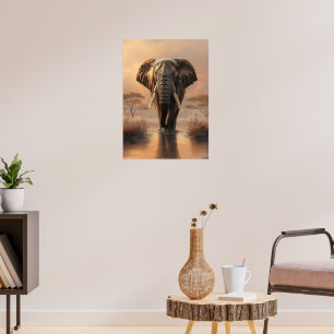 Affiche Un éléphant africain au coucher du soleil - Illust