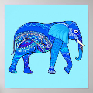 Affiche Un éléphant indien dans un Motif bleu arabesque