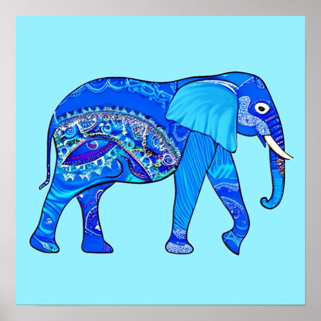 Affiche Un éléphant indien dans un Motif bleu arabesque (Devant)