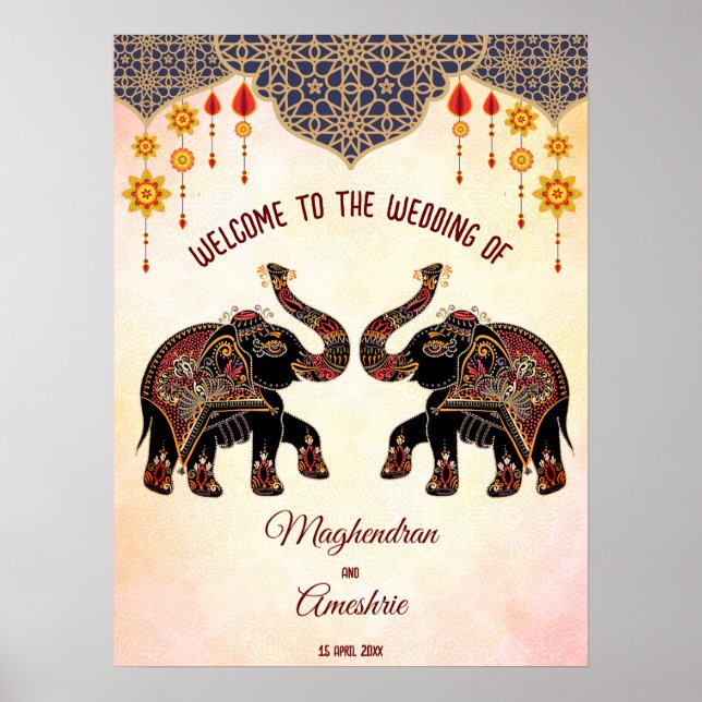 Affiche Un éléphant indien orné signe de bienvenue mariage (Devant)
