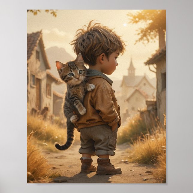 Affiche Un enfant mignon et son chaton (Devant)