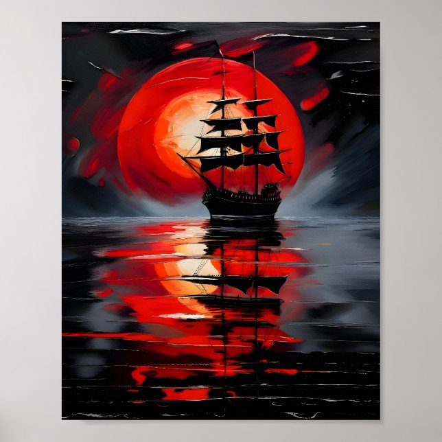 Affiche Un galion noir naviguant dans des eaux calmes (Devant)