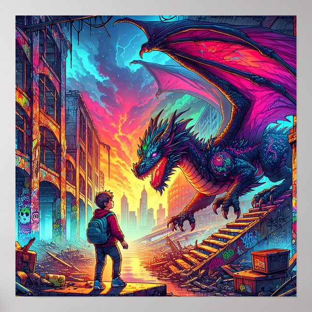 Affiche Un garçon rencontre un dragon dans un monde dystop (Devant)