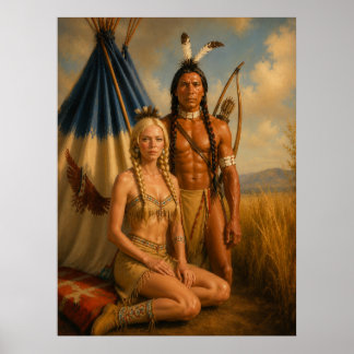Affiche Un guerrier amérindien et sa squaw blonde ART
