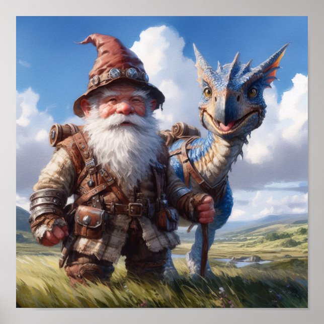 Affiche Un guerrier gnome posant avec son dragon (Devant)