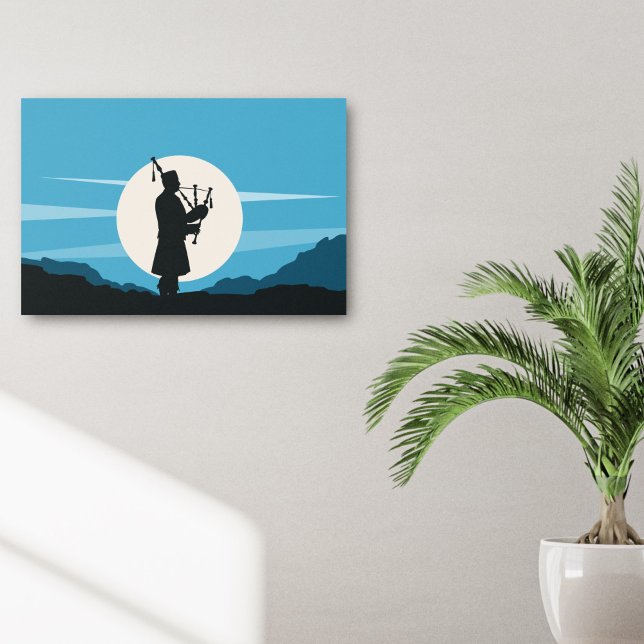 Affiche Un homme joue de la silhouette des cornemuses au c (Man playing bagpipes silhouette in the moonlight poster)
