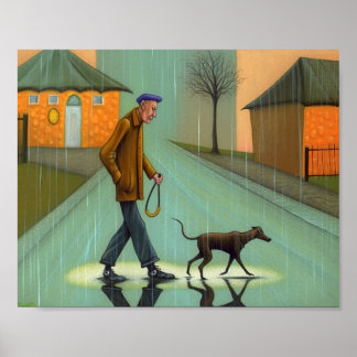 Affiche Un Homme Marchant Un Chien Dans La Pluie