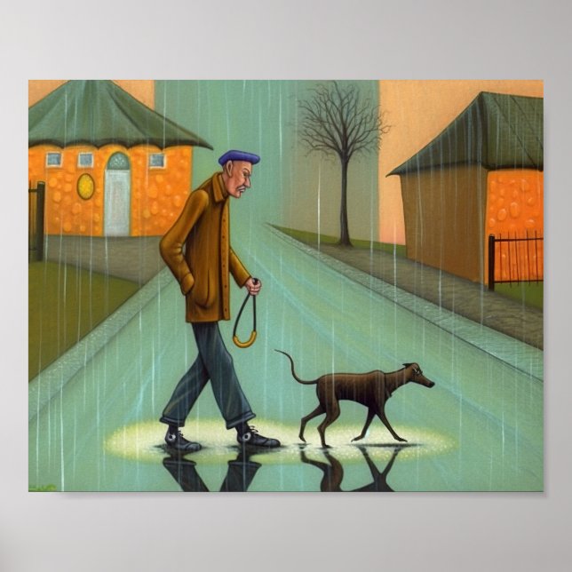 Affiche Un Homme Marchant Un Chien Dans La Pluie (Devant)
