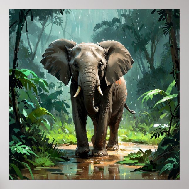 Affiche Un jeune éléphant étonnant sous la pluie dans la j (Devant)