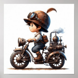 Affiche Un jeune enfant heureux à bord d'une moto Steampun
