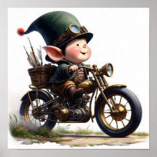 Affiche Un jeune enfant heureux à bord d'une moto Steampun