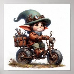Affiche Un jeune enfant heureux à bord d'une moto Steampun