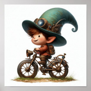 Affiche Un jeune enfant heureux à vélo à vapeur