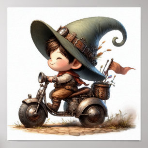 Affiche Un jeune enfant heureux chevauchant un scooter ste