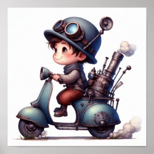 Affiche Un jeune enfant heureux qui monte un skooter Steam
