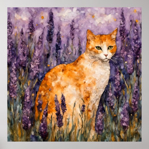Affiche Un joli chat gingembre dans un champ de lavande