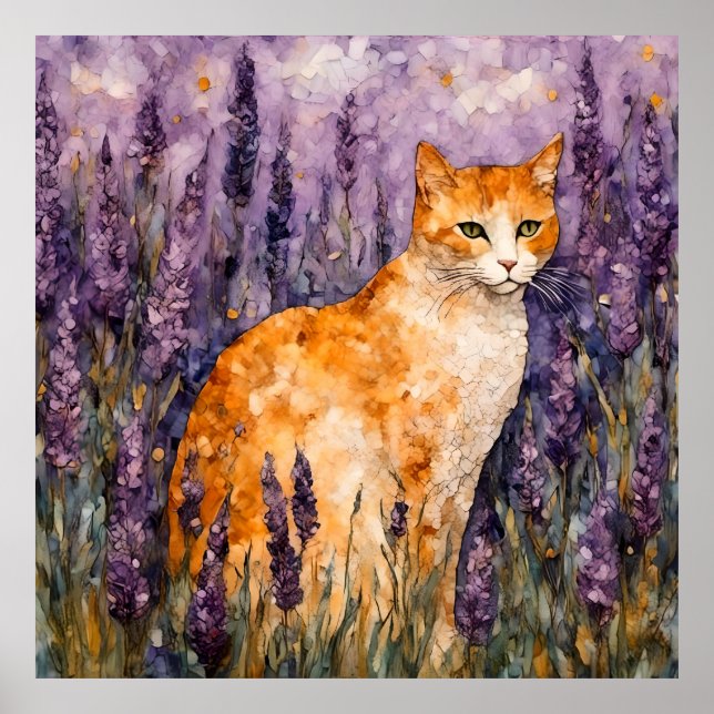 Affiche Un joli chat gingembre dans un champ de lavande (Devant)