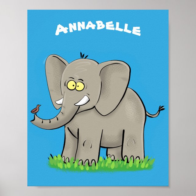 Affiche Un joli éléphant drôle avec un oiseau sur le tronc (Devant)