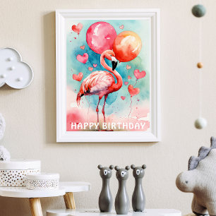Affiche Un joli flamant avec des ballons de coeur annivers