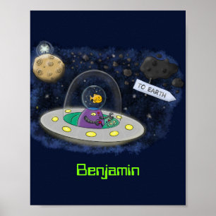 Affiche Un joli poisson heureux dans l'espace dessin animé