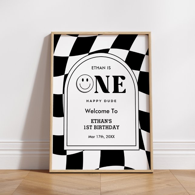 Affiche Un joyeux Mec Happy Face Boy 1er anniversaire Bien (One Happy Dude Happy Face Boy 1st Birthday Welcome Sign )