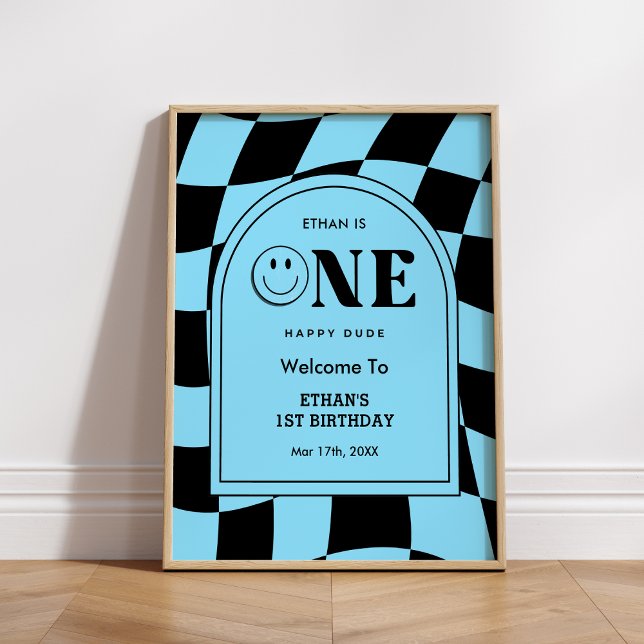Affiche Un joyeux Mec Happy Face Boy 1er anniversaire Bien (One Happy Dude Happy Face Boy 1st Birthday Welcome Sign )