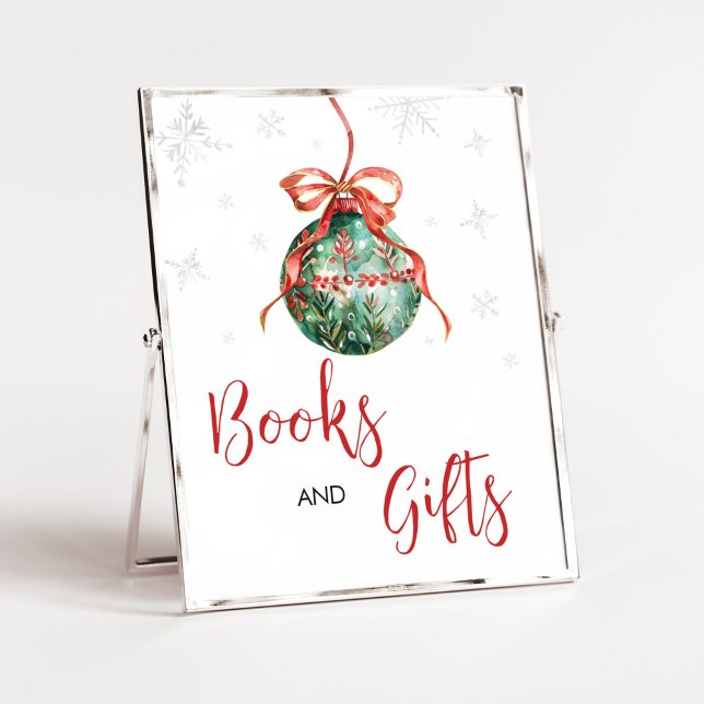 Affiche Un joyeux petit livre de Noël et des cadeaux (Merry Little Christmas Ornaments Baby Shower Books and Gifts Sign)