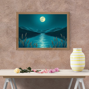 Affiche Un lac serein au clair de lune parmi les roseaux m
