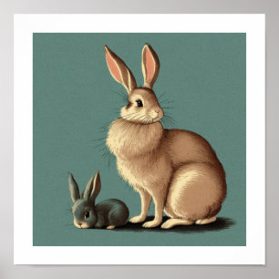 Affiche Un lapin Brown Vintage et un lapin gris