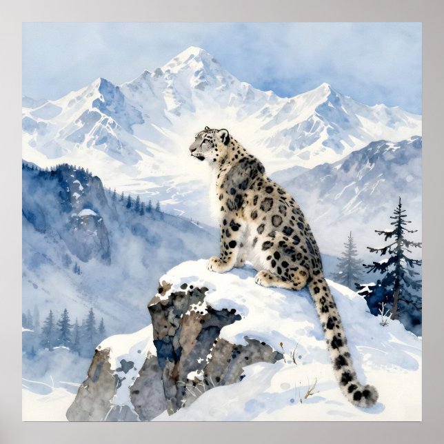 Affiche Un léopard des neiges sur un pic enneigé (Devant)