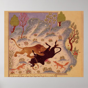 Affiche Un lion attaquant et tuant un Taureau