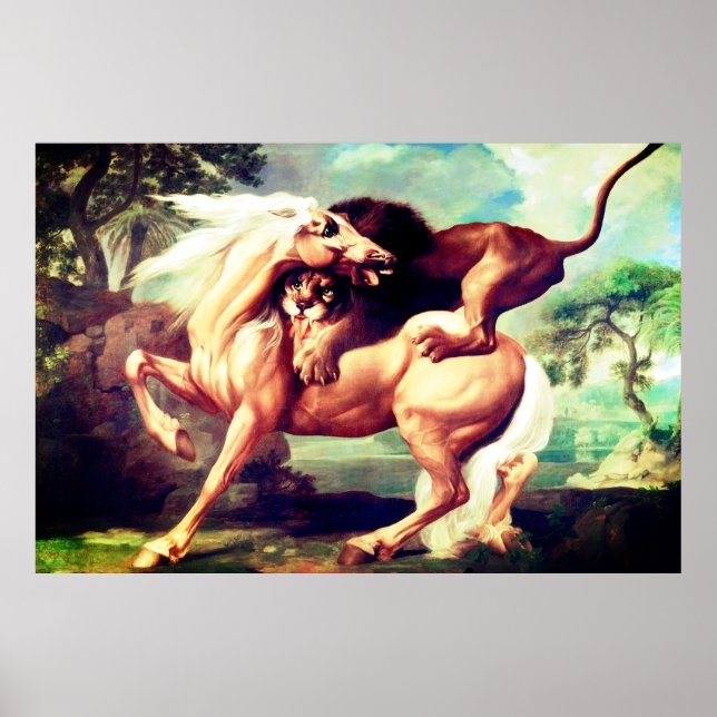 Affiche Un Lion Attaquant Un Cheval Peint-17620 (Devant)