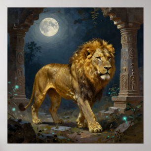 Affiche Un Lion d'Or se promenant sous le clair de lune