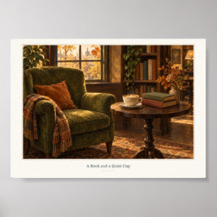 Affiche Un livre et un coin lecture cosy avec une tasse si