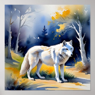 Affiche Un loup dans une aquarelle de forêt
