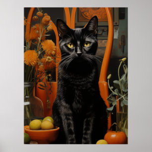 Affiche Un magnifique chat noir dans une chaise orange