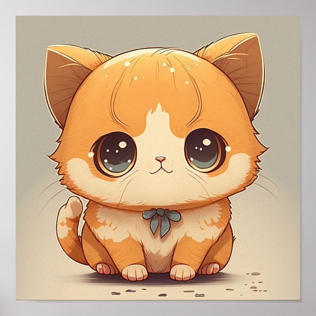 Affiche Un mignon chat caricaturé assis et regardant la ca (Devant)