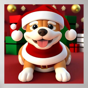 Affiche Un mignon chien en caricature à Père Noël