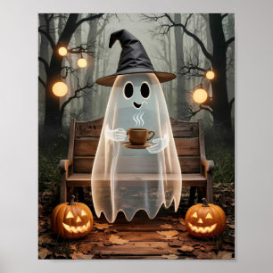 Affiche Un mignon fantôme branché avec café dans la forêt