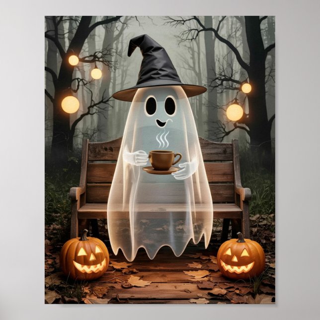 Affiche Un mignon fantôme branché avec café dans la forêt (Devant)