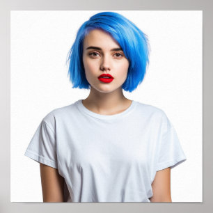 Affiche Un mignon modèle de cheveux bleu portant Gildan Te